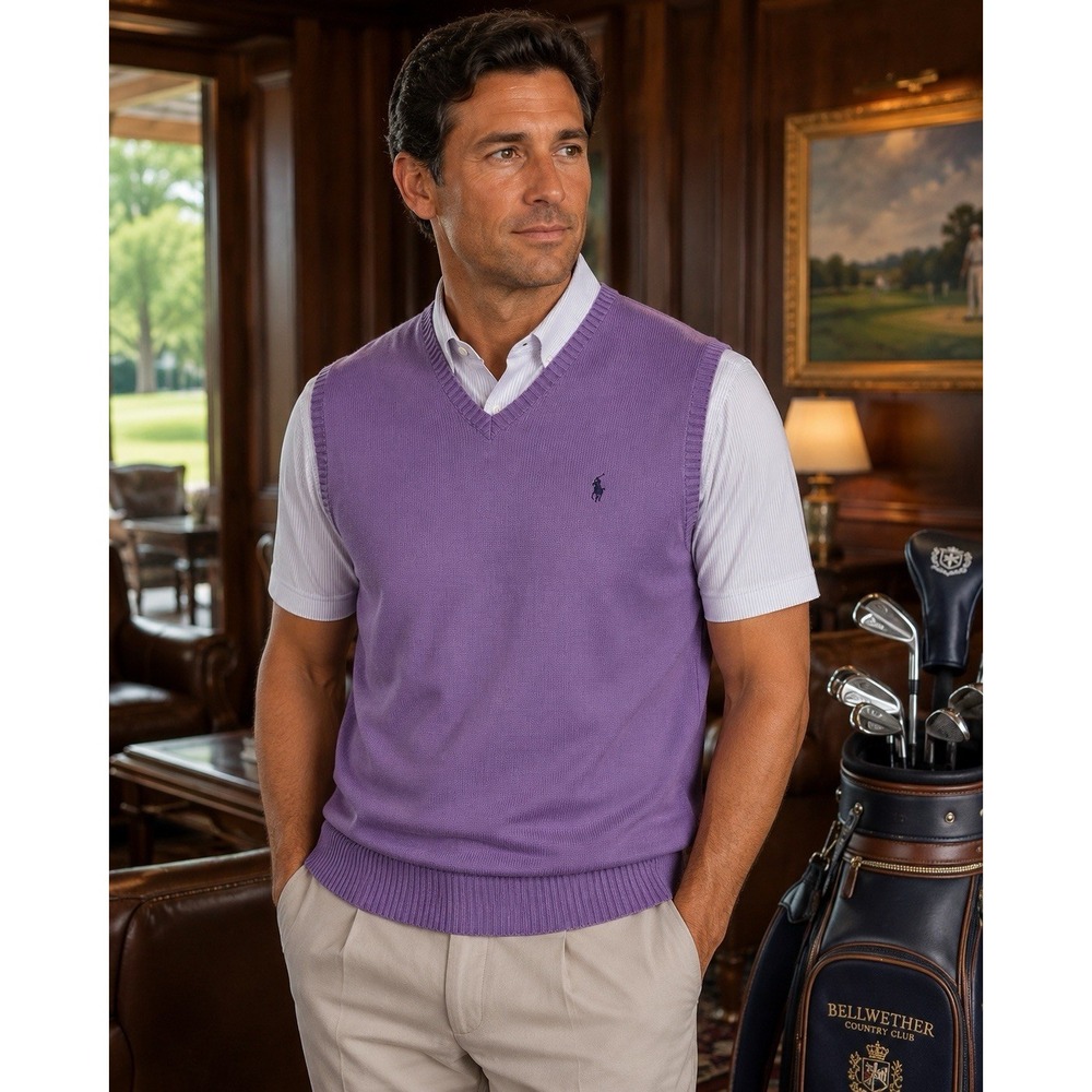 Polo Ralph Lauren Sweater Vest Mens XL Purple Knit V Neck Cotton Golf